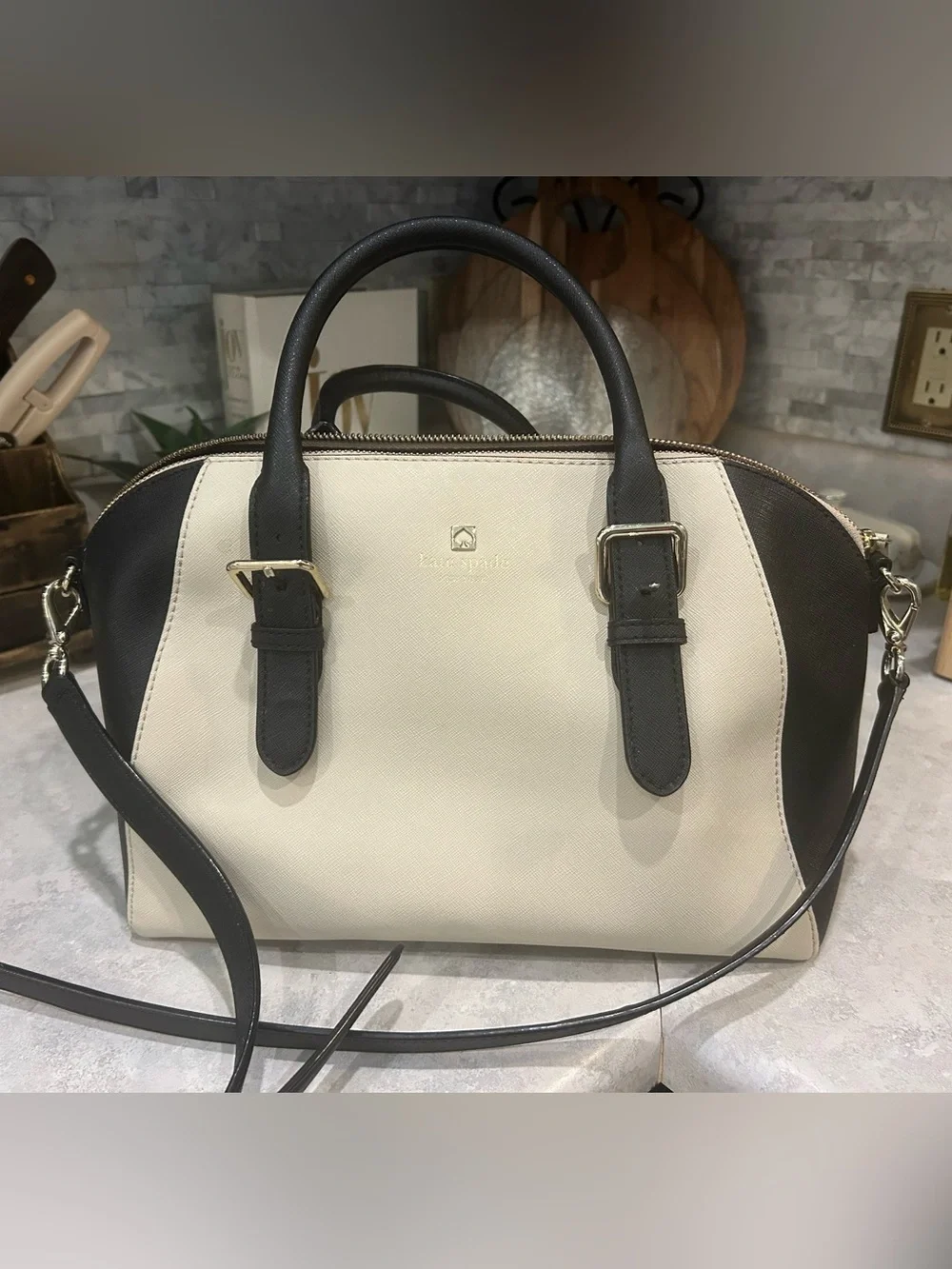 Kate Spade New York Black Cream Colorblock Satchel Crossbody Bag Quiet Luxury